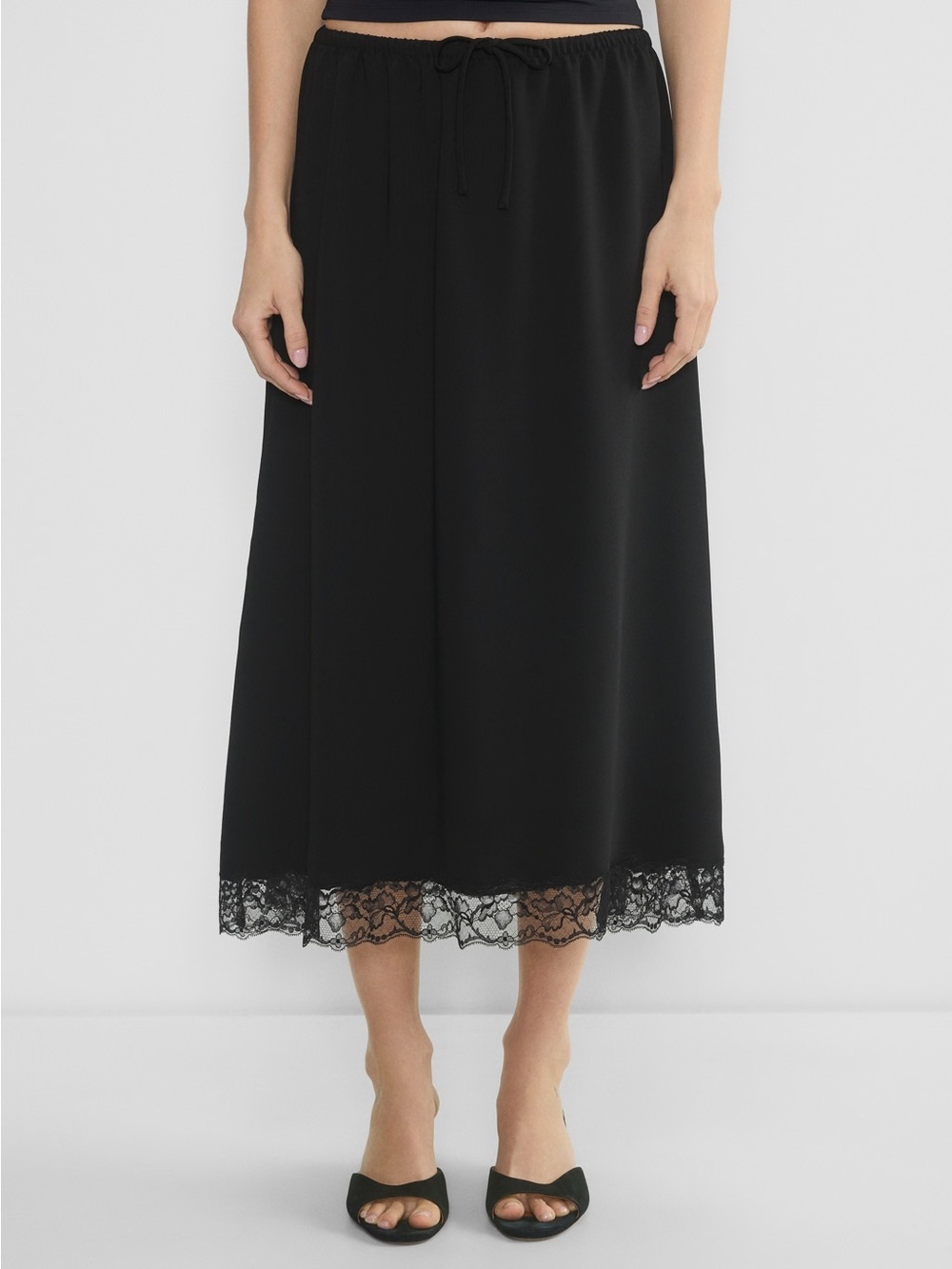 Aritzia Wilfred Iris Black Midi Skirt with Lace Hem